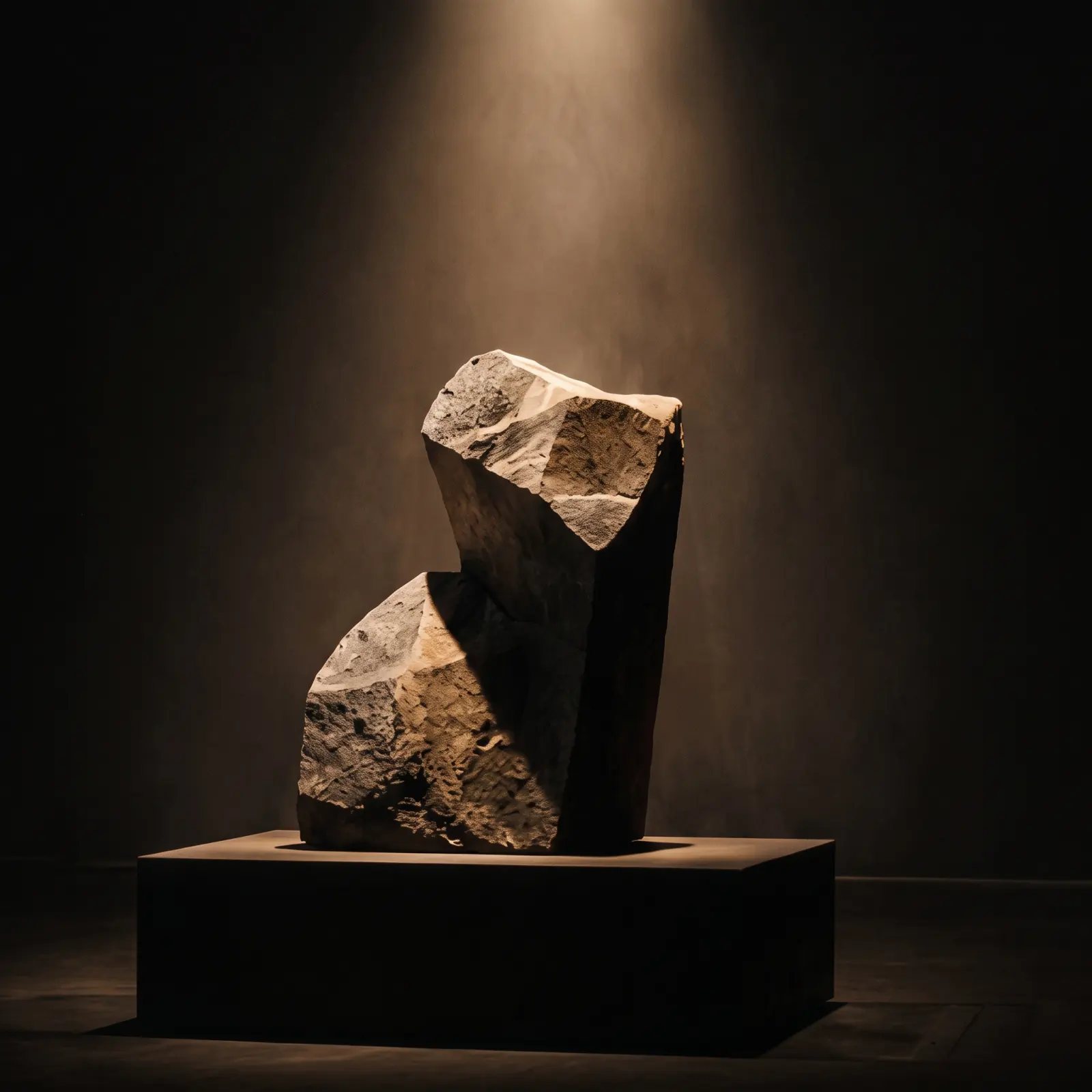 A single sculpture lit from above in a dark gallery room