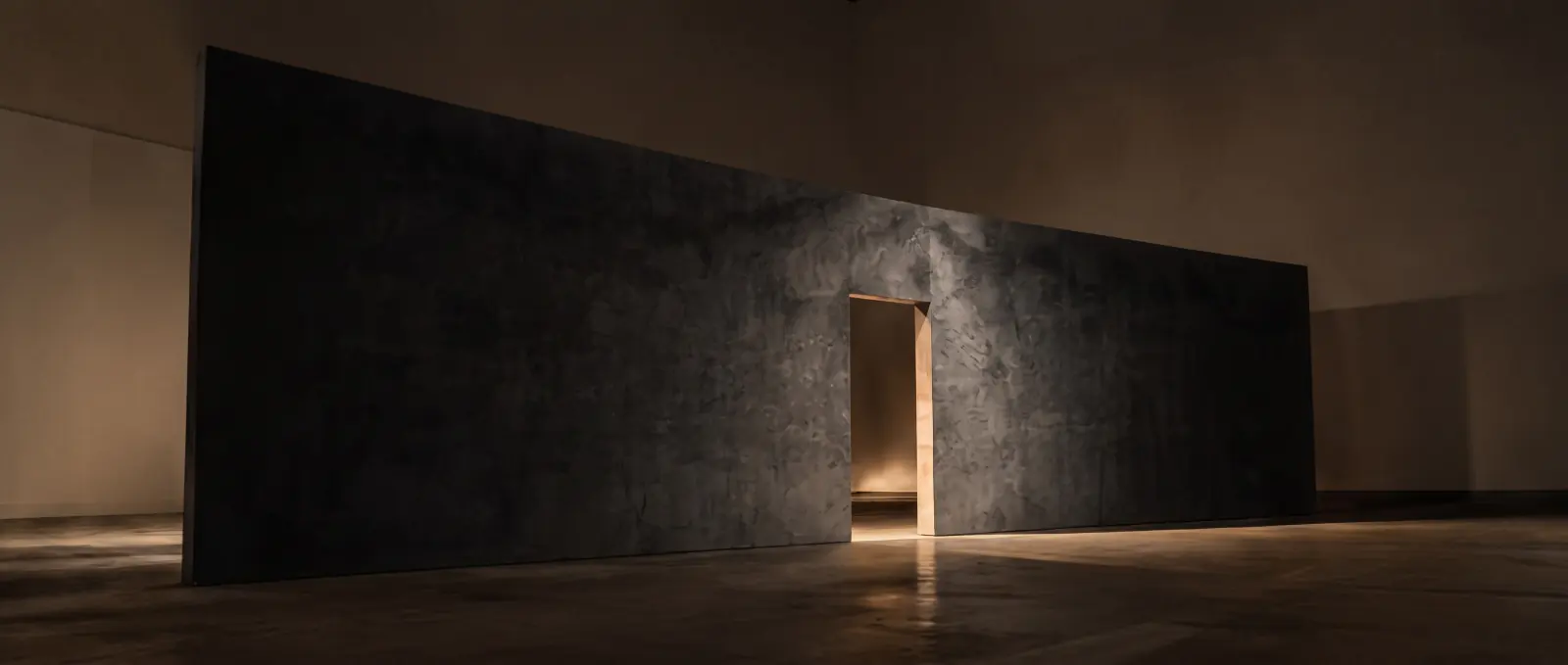 An exhibition space with a single architectural form and soft light across the floor