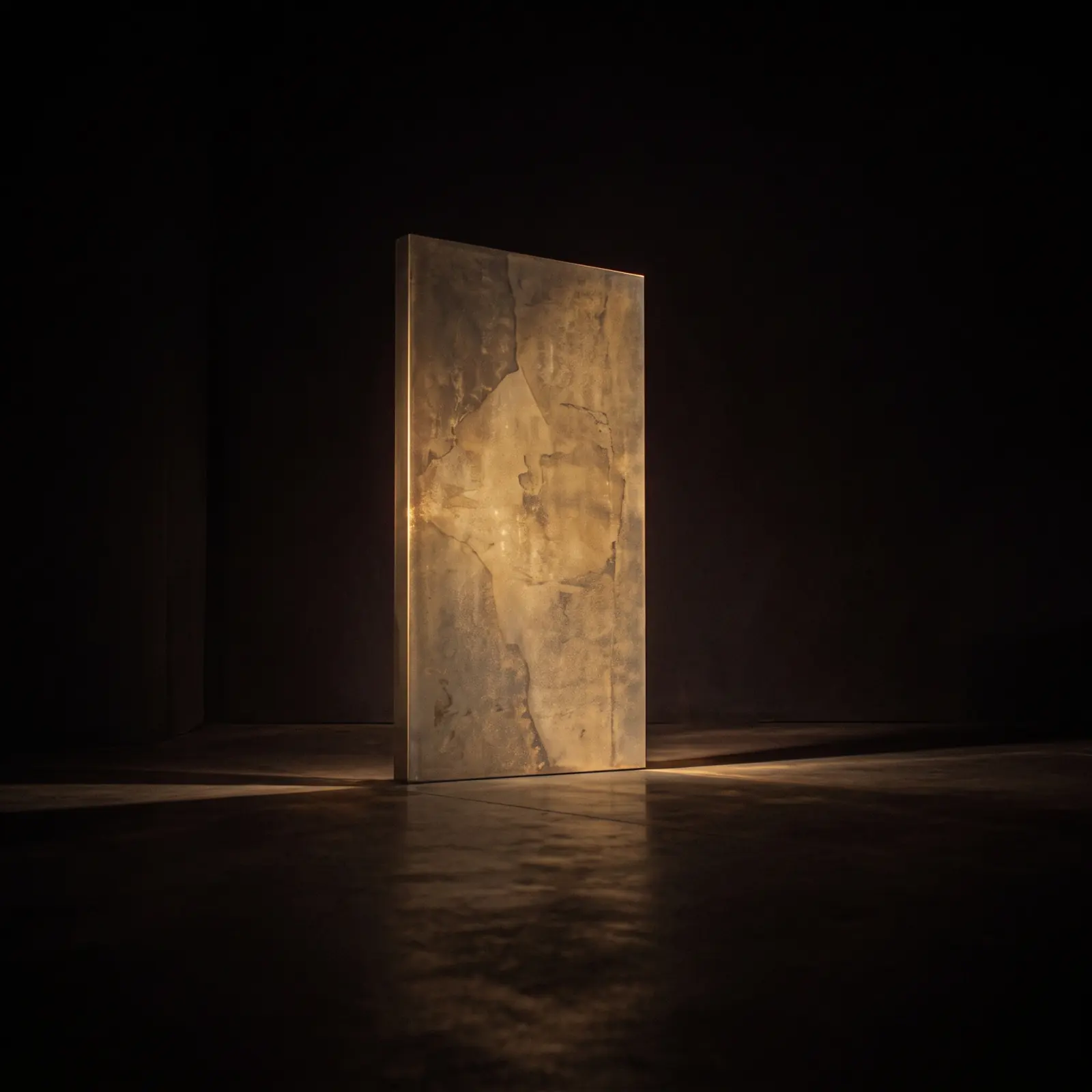 A small lit doorway at the end of a dark room
