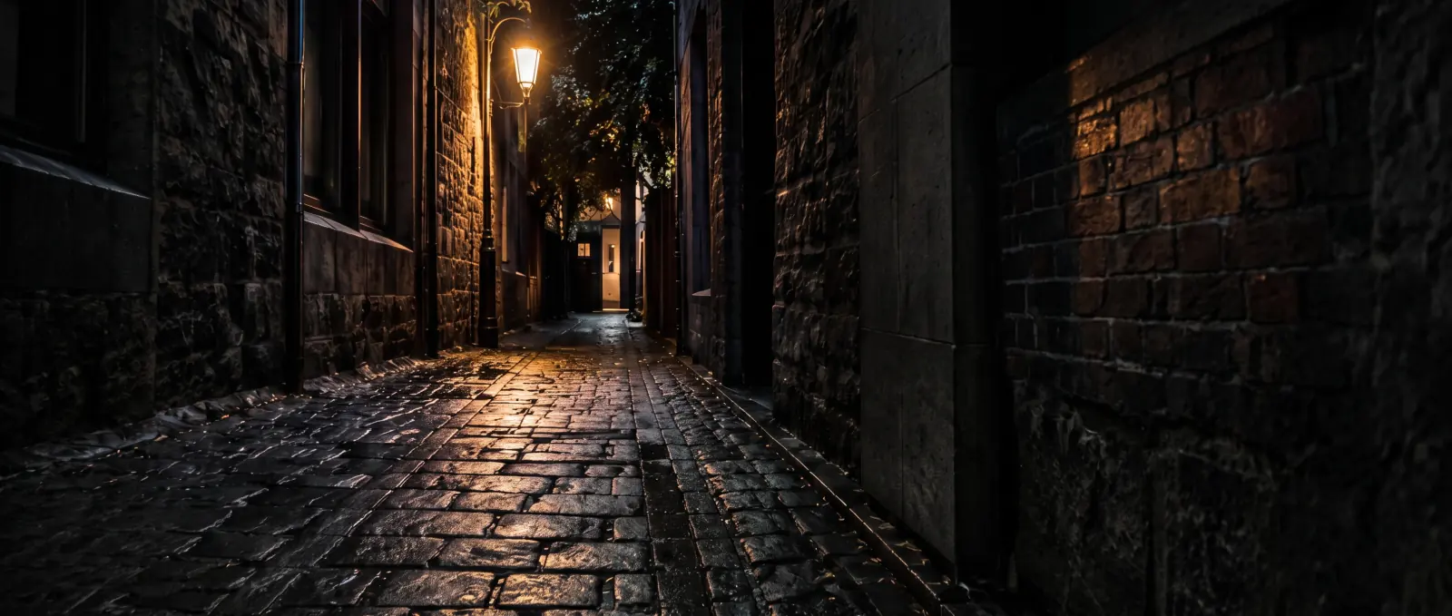 A narrow Melbourne bluestone laneway at night, wet cobbles under one glowing wall lamp