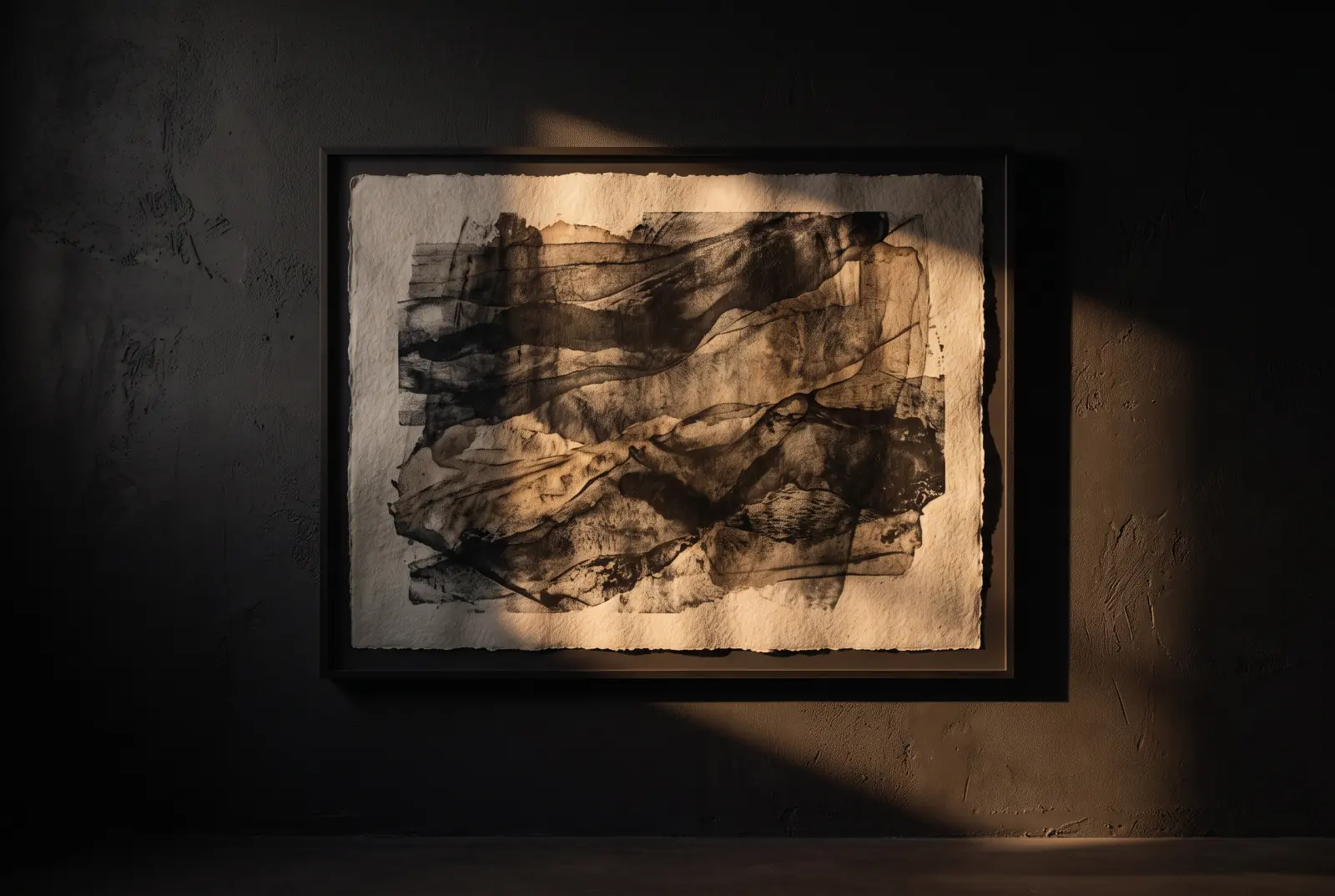 A single printed mark hung on a pale wall, lit from one side