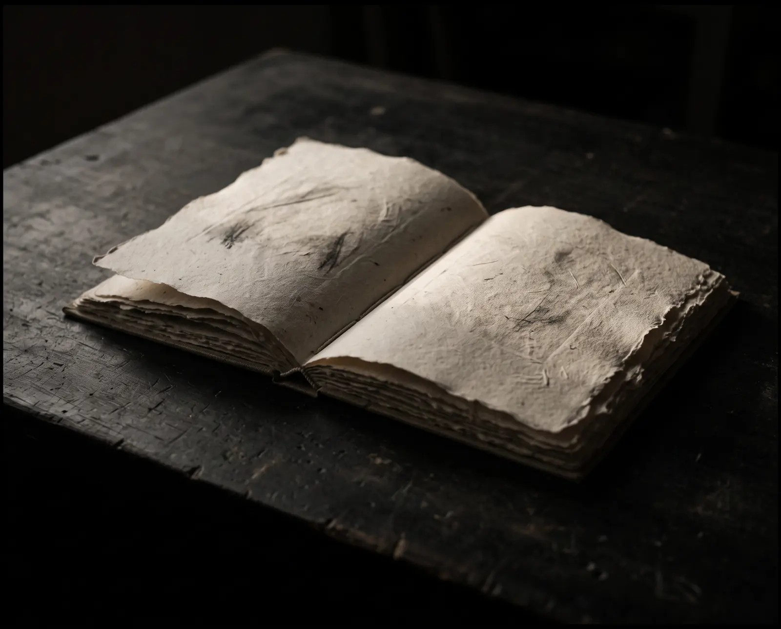 An open publication resting on a plinth under a single lamp