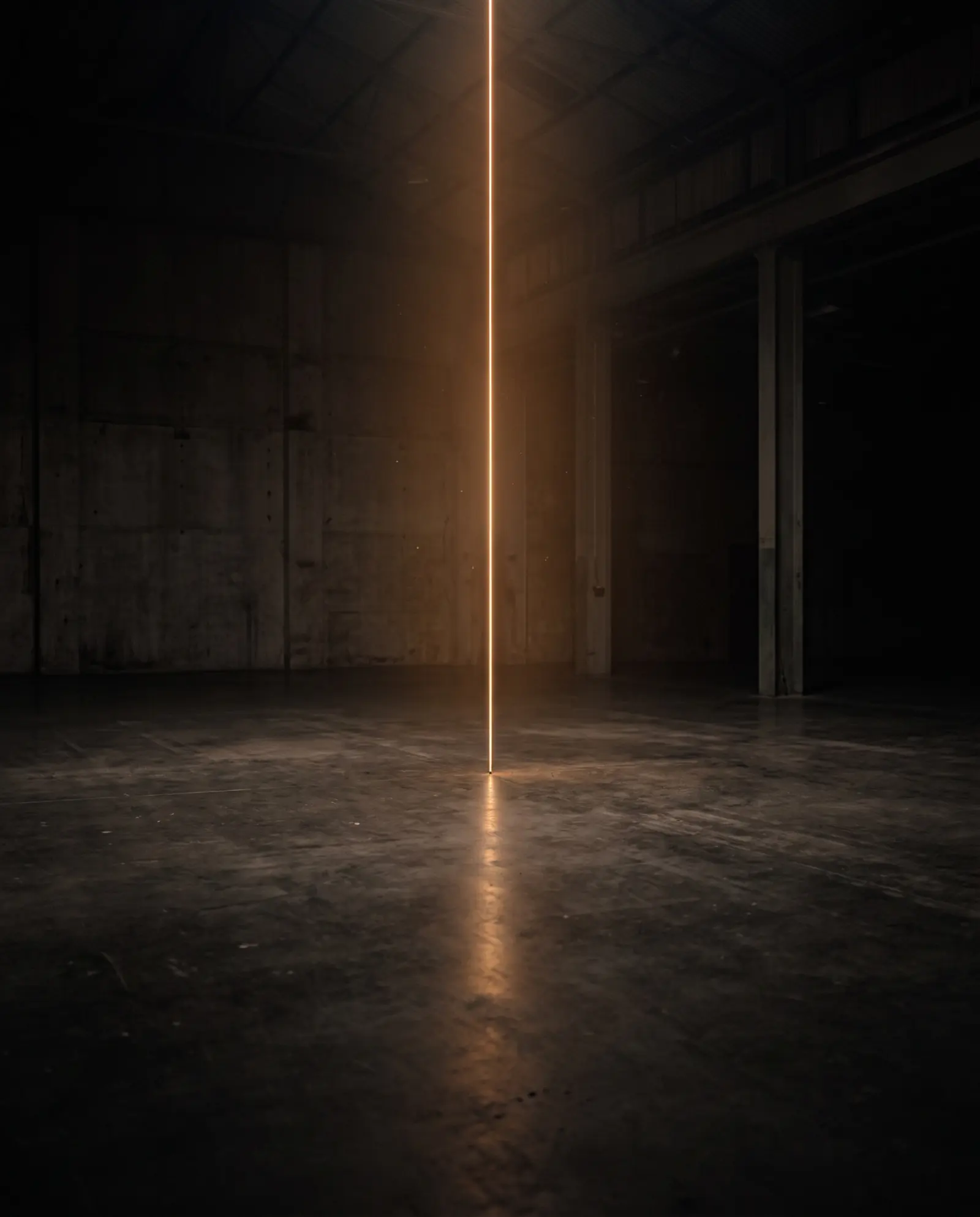 A thin vertical line of warm light standing in a dark room