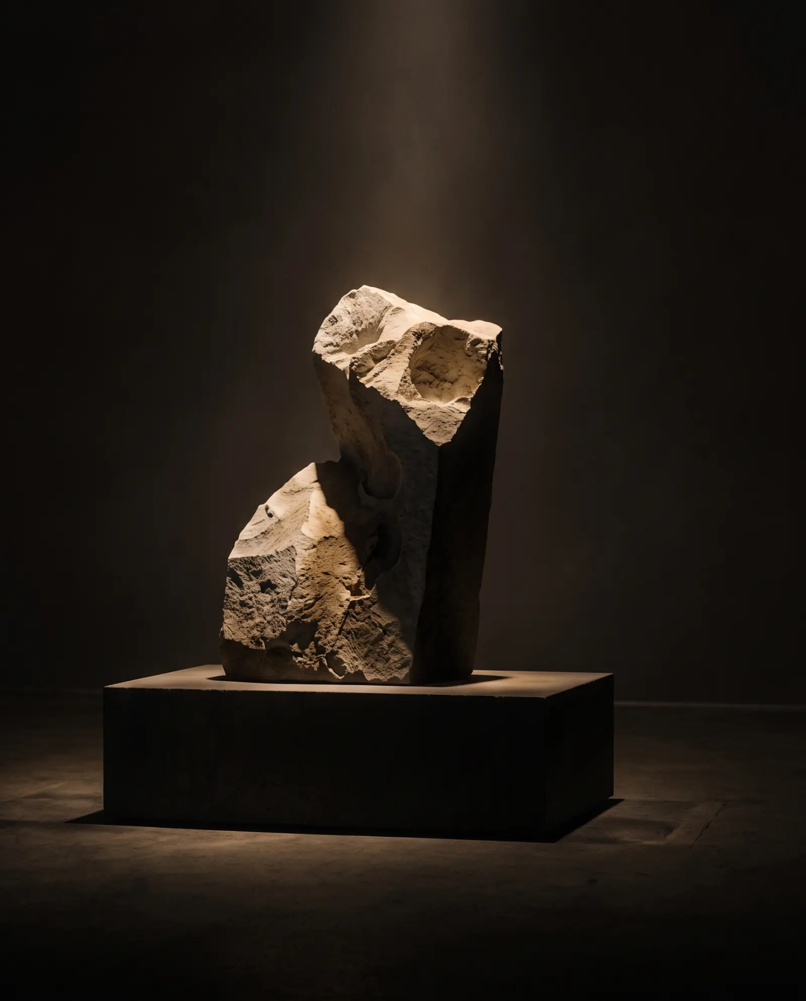A pale stone sculpture on a dark plinth under a single spotlight