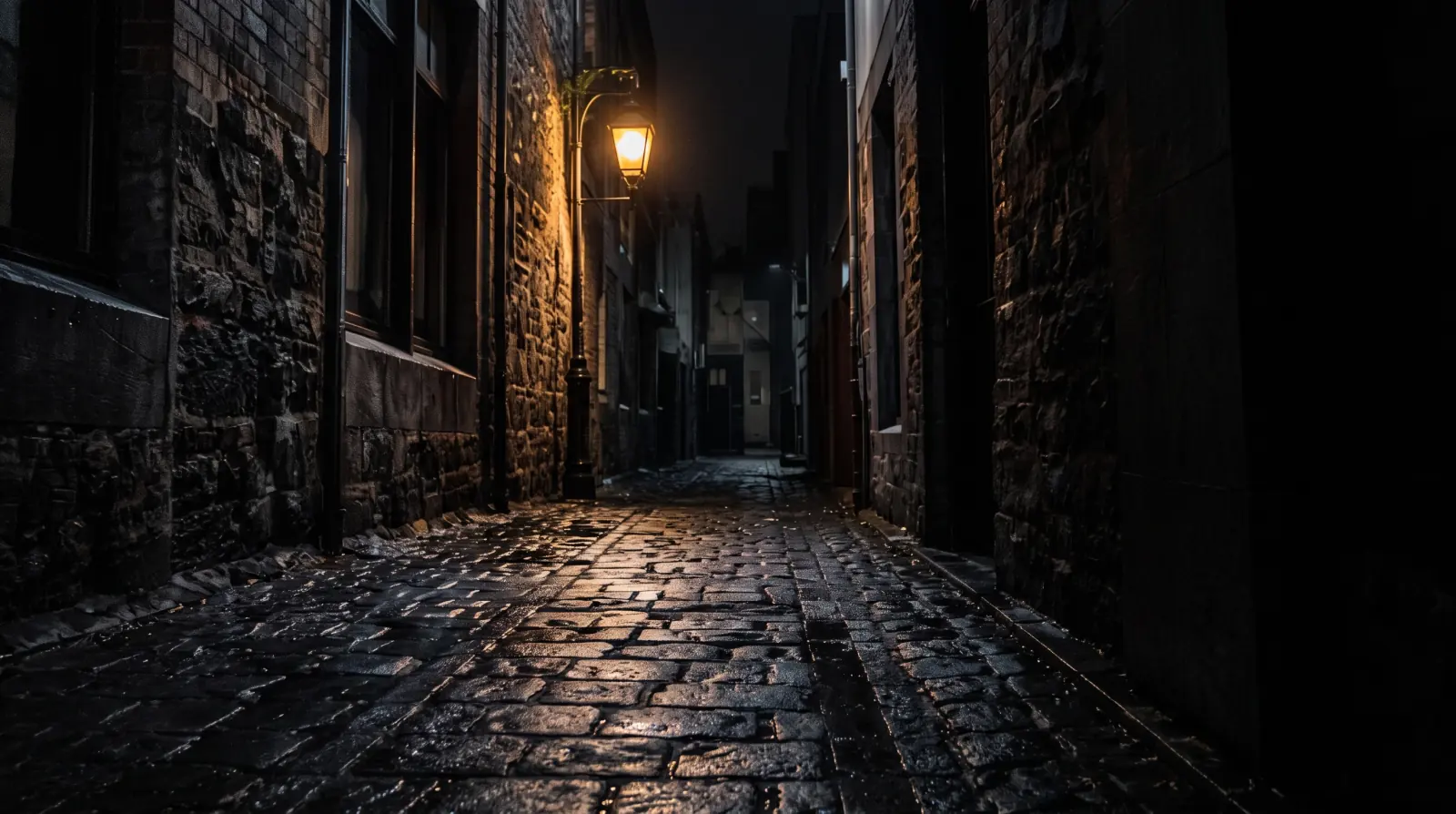A narrow Melbourne bluestone laneway at night, wet cobbles under one wall lamp and a lit doorway at the far end